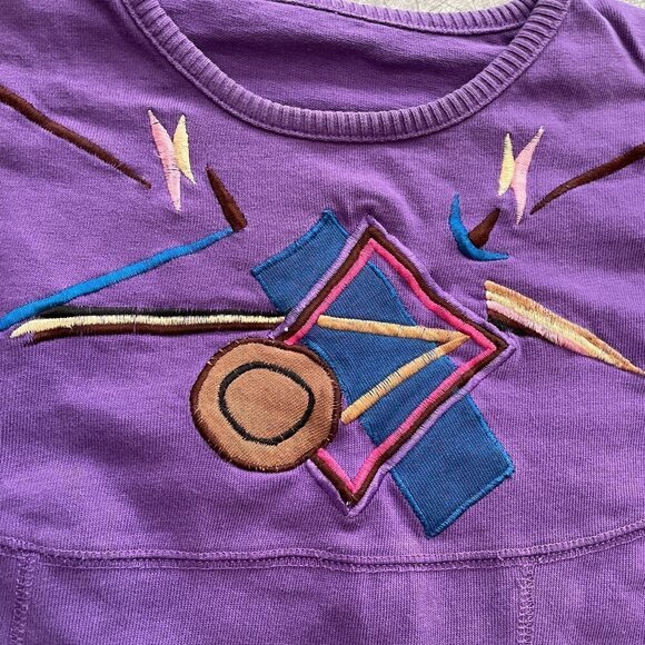 Vintage 80s Embroidered Geometric Patch Graphic Long Sleeve Shirt Purple S/M - Picture 3 of 12